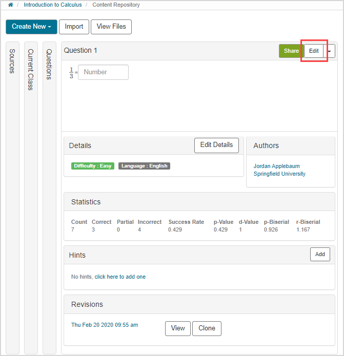 Edit a question from the Content Summary pane The edit button is highlighted in the content summary pane of a question.